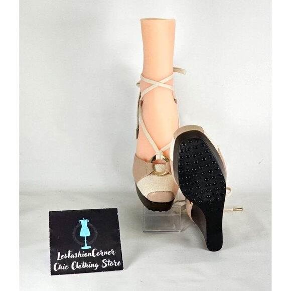 Tod’s Women's Beige Leather Cream Canvas Zeppa Lace Up Wedge Sandals Sz 7 274 - Picture 3 of 16